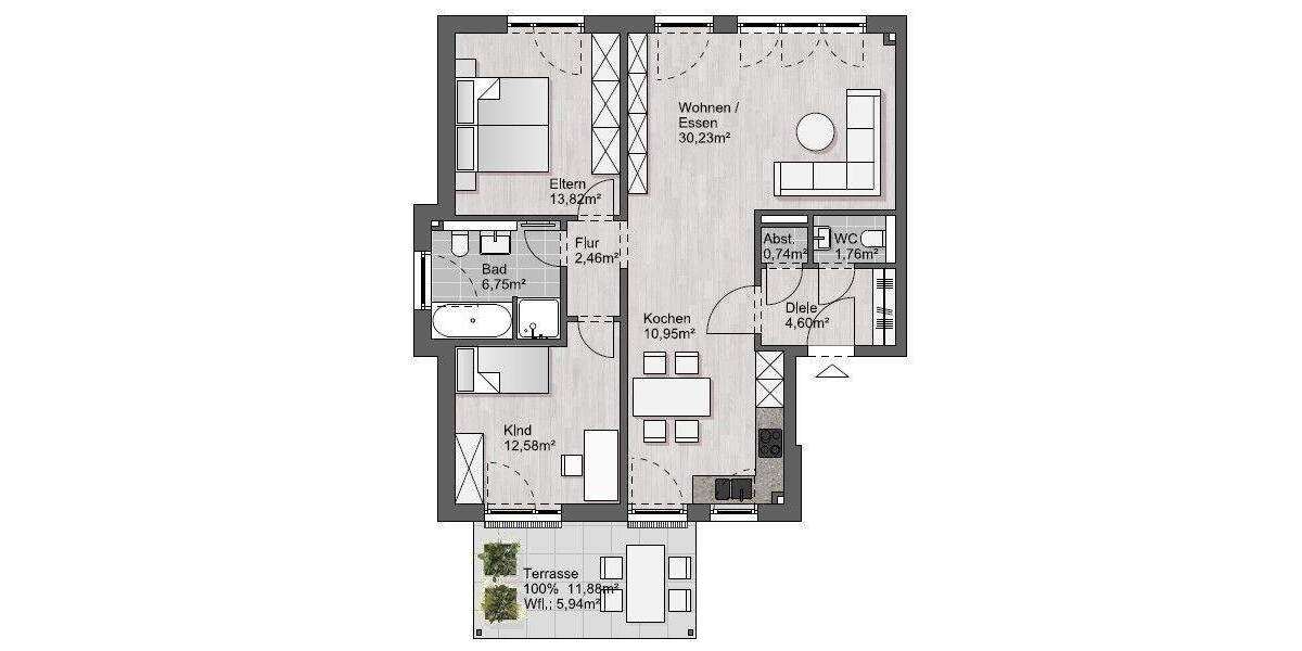 Terrassen-Wohnung im NEUBAU: 3 Zimmer + Einbauküche + Tageslichtbad + Gäste-WC + TG-Platz 3 zimmer