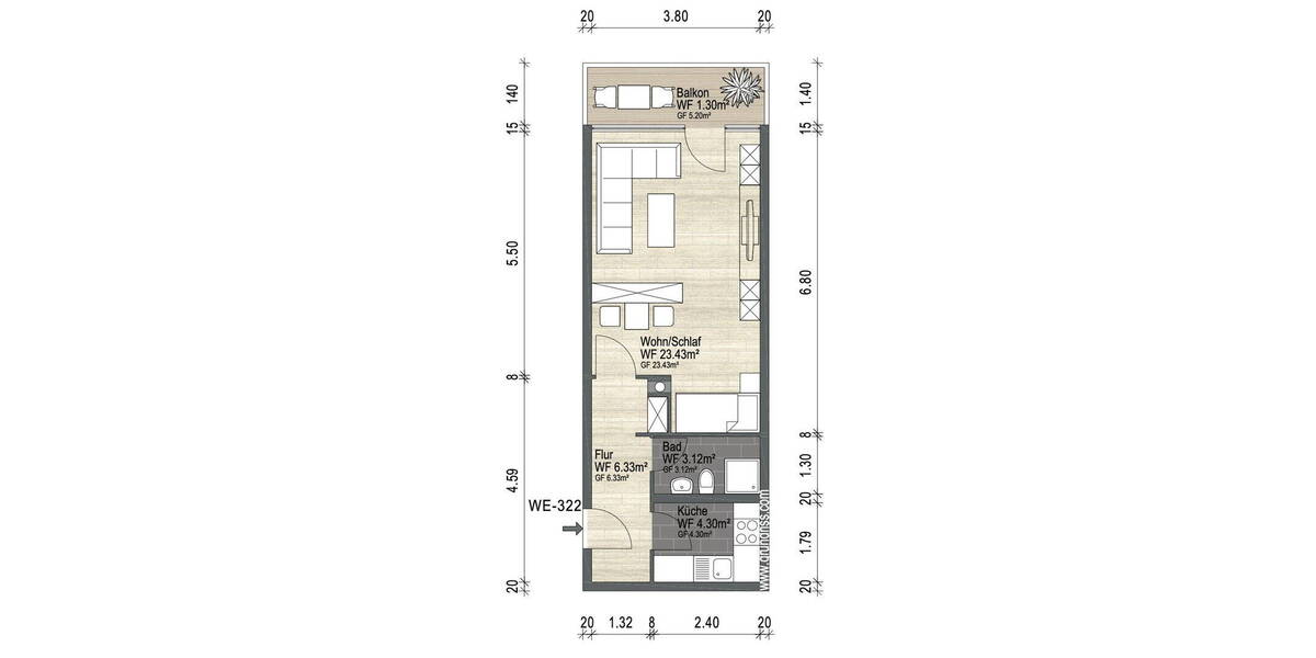 Etagenwohnung Mainz Finthen - 1 Zimmer, 40 m&sup2;, 169.000&euro; | Angebot:26150654