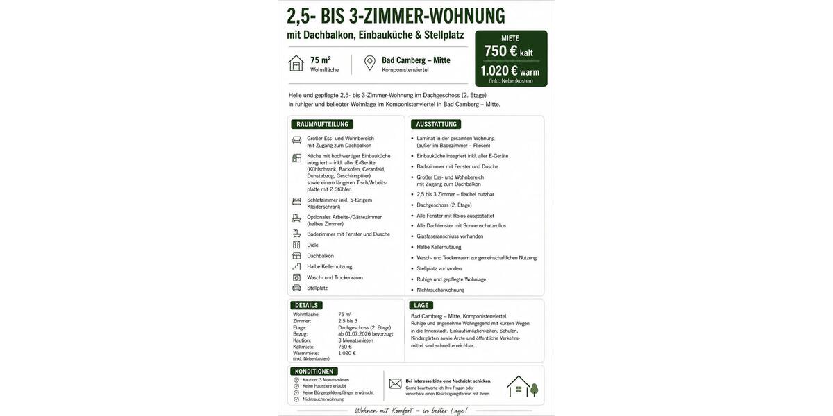 Dachgeschoßwohnung Bad Camberg - 2.5 Zimmer, 75 m&sup2;, 750&euro; | Angebot:26644170