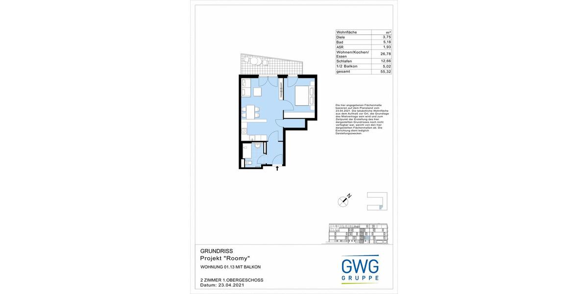 Etagenwohnung Wiesbaden Biebrich - 2 Zimmer, 56 m&sup2;, 866&euro; | Angebot:26165159