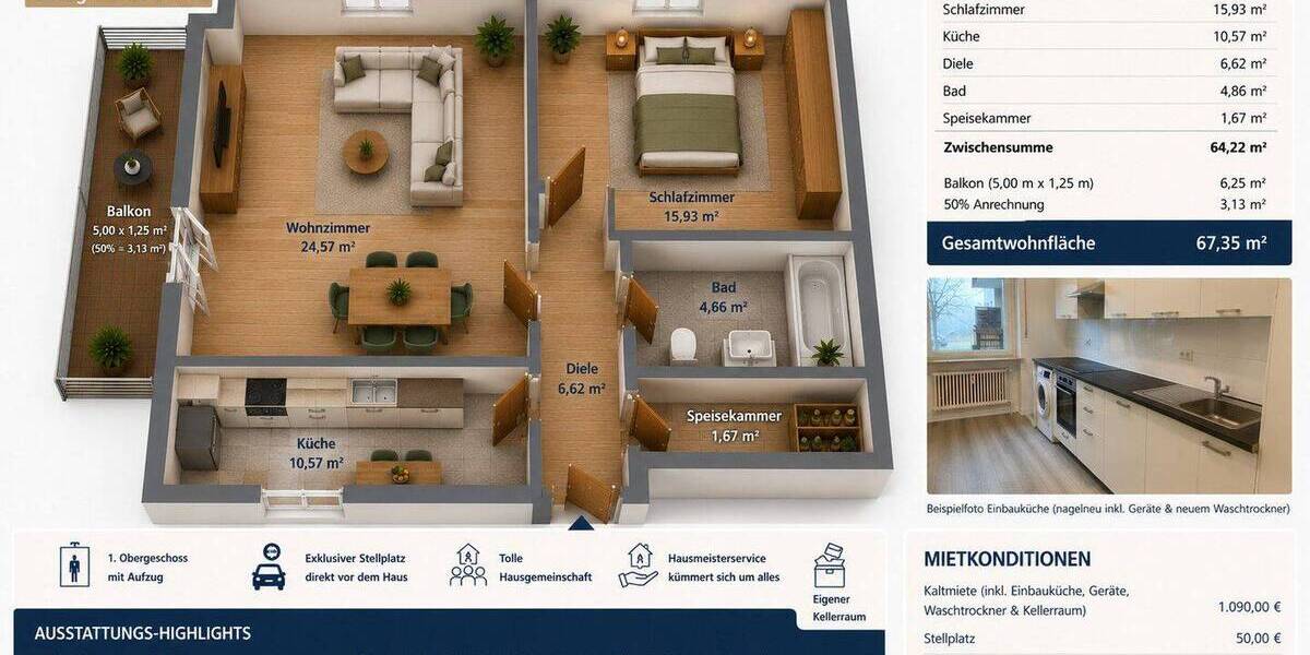 Etagenwohnung Hochheim - 2 Zimmer, 67 m&sup2;, 1.090&euro; | Angebot:26886364