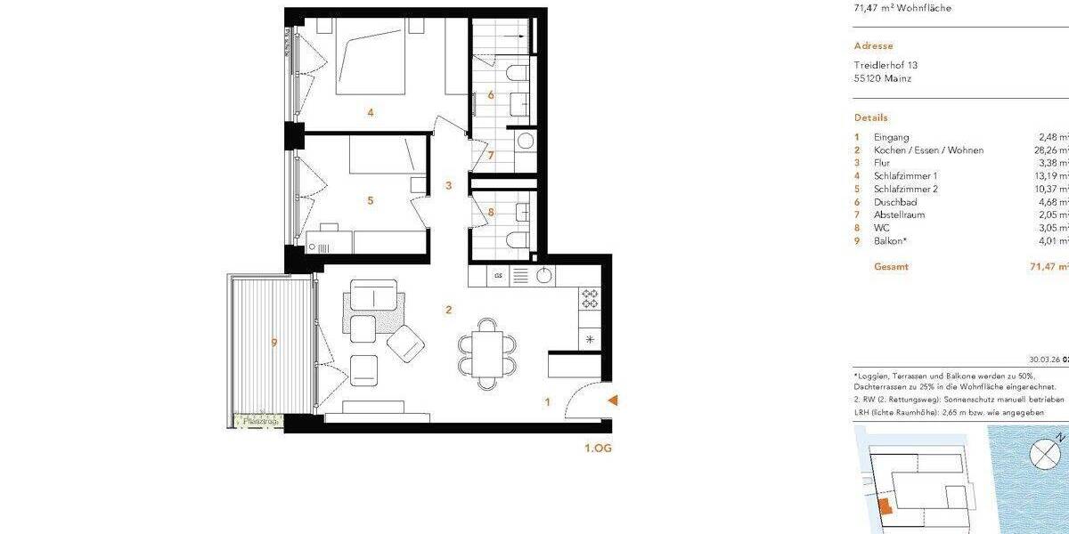 Etagenwohnung Mainz Neustadt - 3 Zimmer, 70 m&sup2;, 559.900&euro; | Angebot:26017874